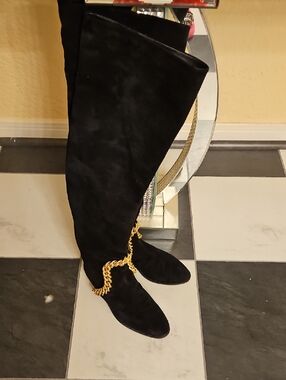 Giuseppe Zanotti Black Over-the-Knee Boots with Gold Chain Detail